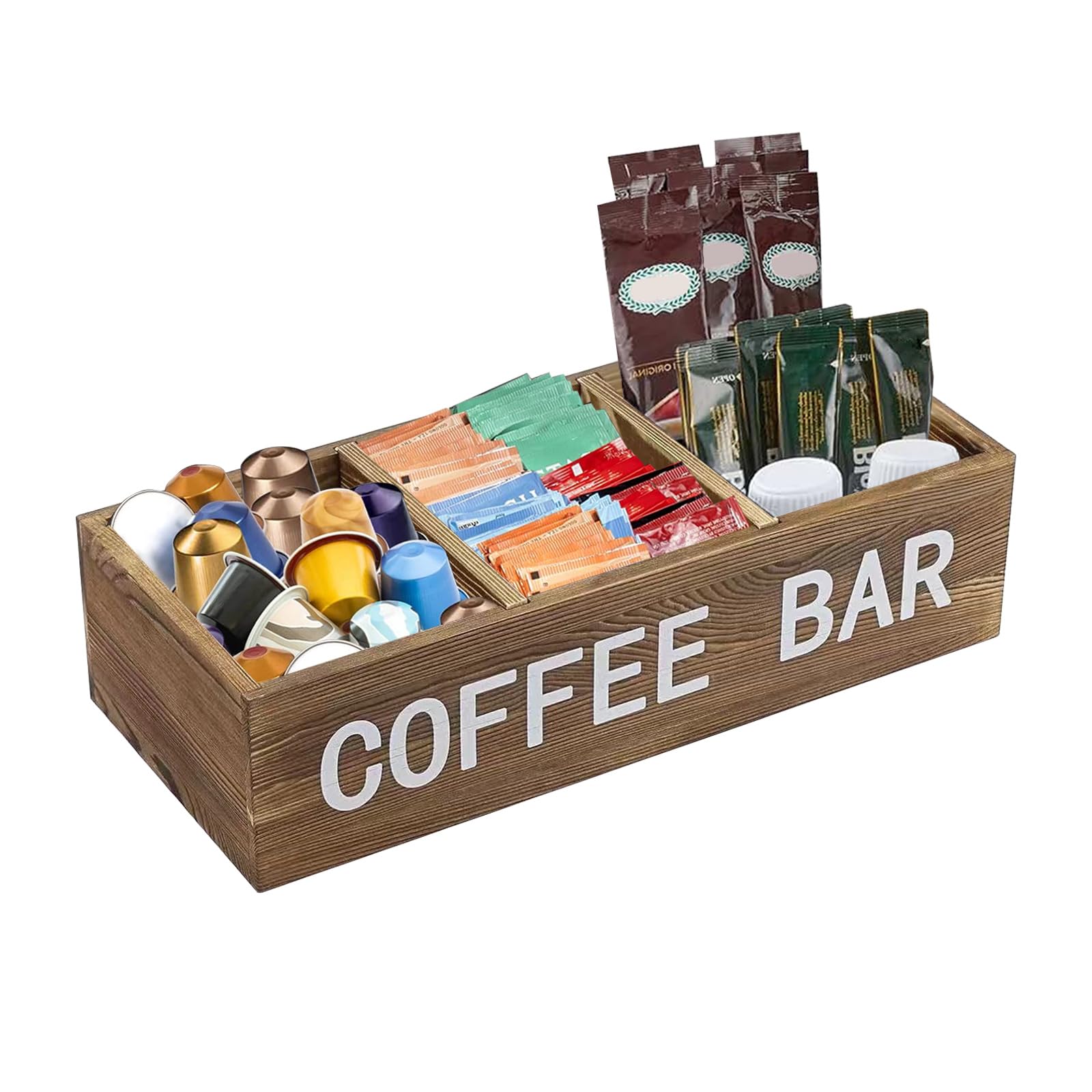 Meetoz Brown Wooden Storage Desktop Basket With Dividers 3-Compartment Adjustiable Coffee Bar Station Organiser Box Kitchen Decorative Basket For Napkin, Coffee Capsules, Sweetener, Condiments