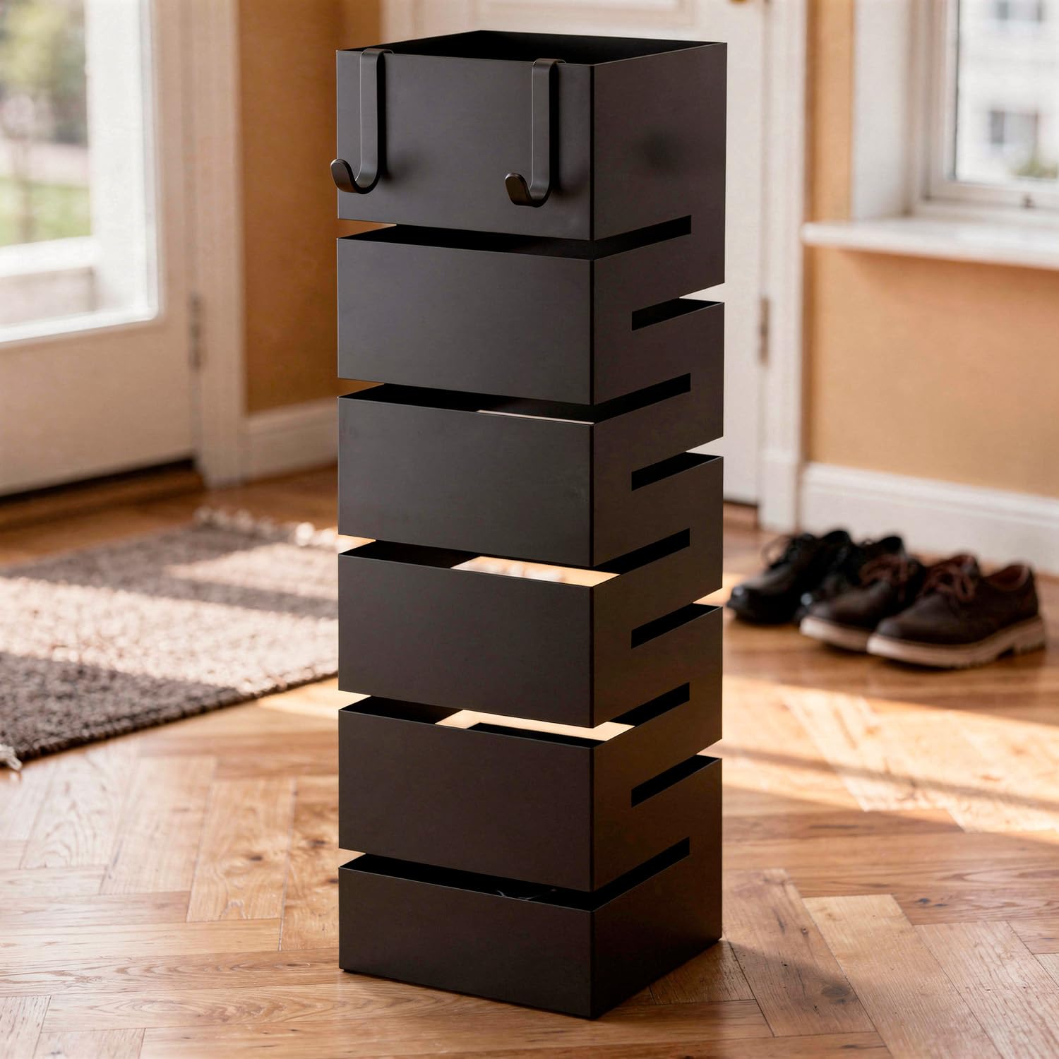 Bricozone Portaombrelli In Metallo Moderno Da Interno Ed Esterno Con Vaschetta Scolapioggia E Ganci Removibili Design Elegante Per Ingresso Casa E Ufficio (Nero)