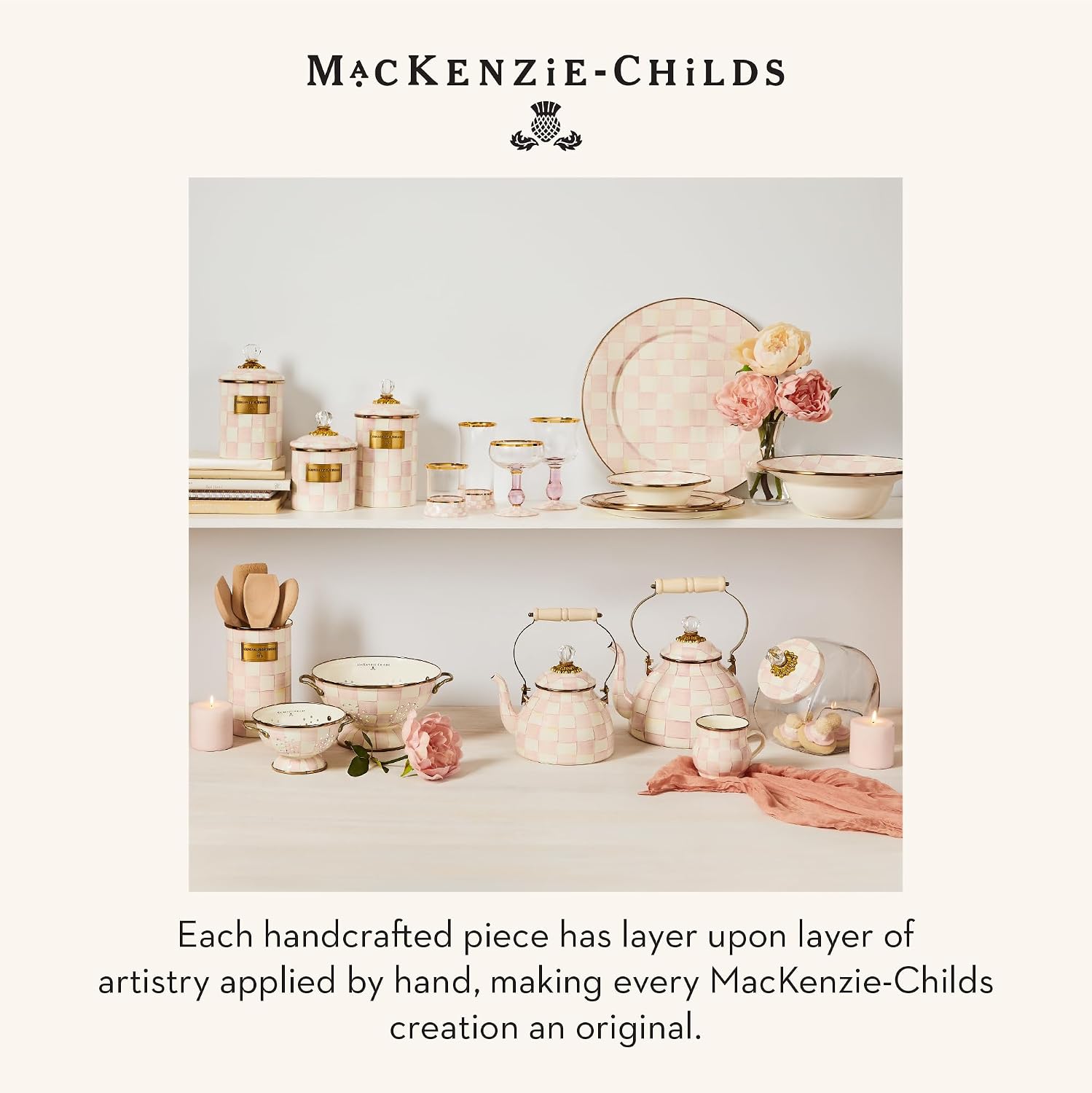 MACKENZIE-CHILDS Spoon, Kitchen Spoon for Cooking or Serving, Pink-and-White Rosy Check