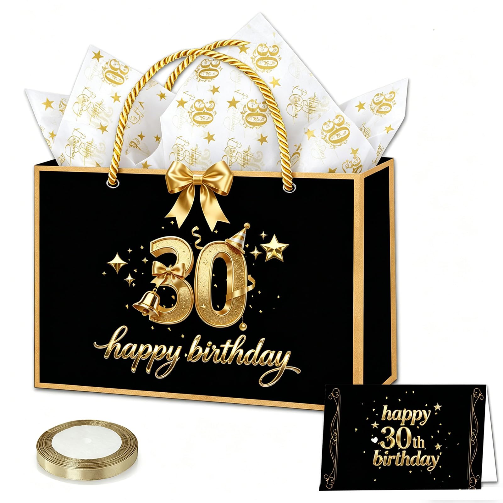 30th Birthday Gift Bag, 28*20*10cm Luxury Black Birthday Party Gifts Bag with Handles, 3 Tissue Paper, 1 Greeting Card, 1.5cm*22m Champagne Ribbon,Medium Paper Bags for His Man 30th Birthday Supplies