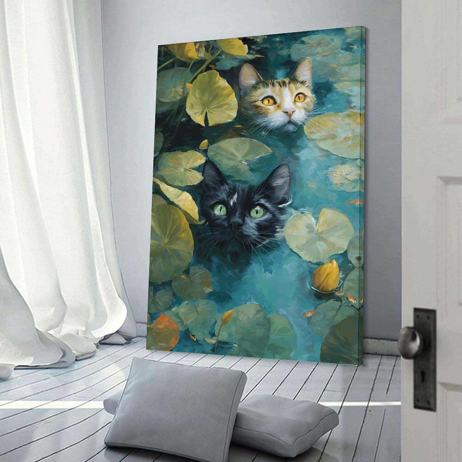 Junmoney Cats in A Lily Pond Canvas Wall Picture 24x36inch(60x90cm), for Entryway, Lounge Links Or Small Walls, Decorative Canvas Styling for Entry Areas