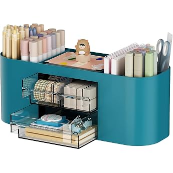 Marbrasse Desk Organiser with 3 Drawers Multifunctional Pen Holder Desk Accessories & Shelf with 7 Compartments for Home School Classroom Dark Green