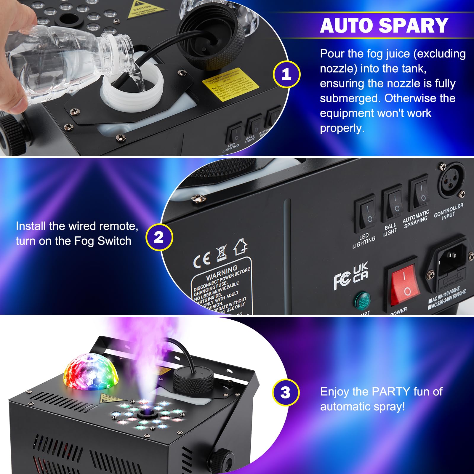 Hakuta 1500W Fog Machine Vertical Smoke Machine with 18 LED Lights, Disco Ball for Halloween Wedding Disco Club Christmas Party DJ Performance