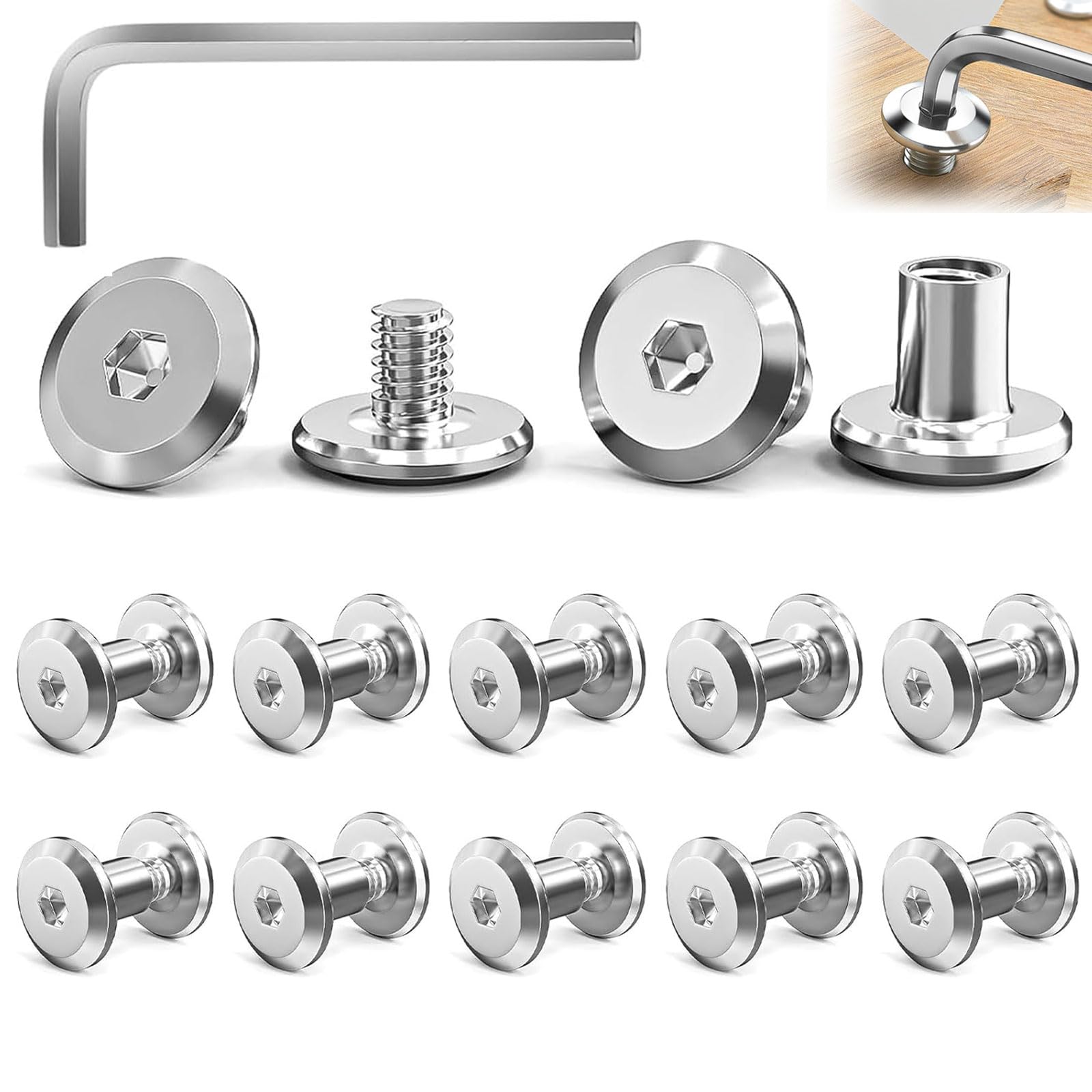 AmiCera 10 Stück Verbindungsschrauben M3 x 5 mm, Edelstahl A2 V2A, Möbelschrauben Hülsenmutter mit Sechskantschlüssel, Möbelverbinder Schrankverbinder Eignen Sich zum Verbinden von Holzbrettern