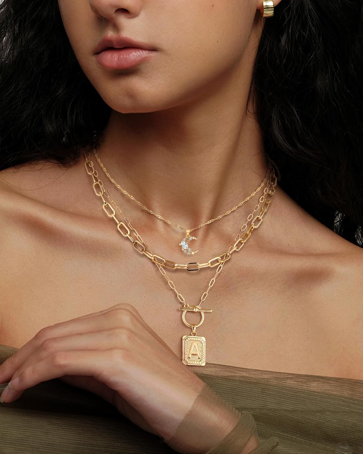 MJartoria Layered Initial Necklaces for Women Trendy, 14K Gold Plated Brass Simple Moon Choker Square Letter Pendant Necklace, Paperclip Chain Necklaces Jewelry Gifts - Image 9