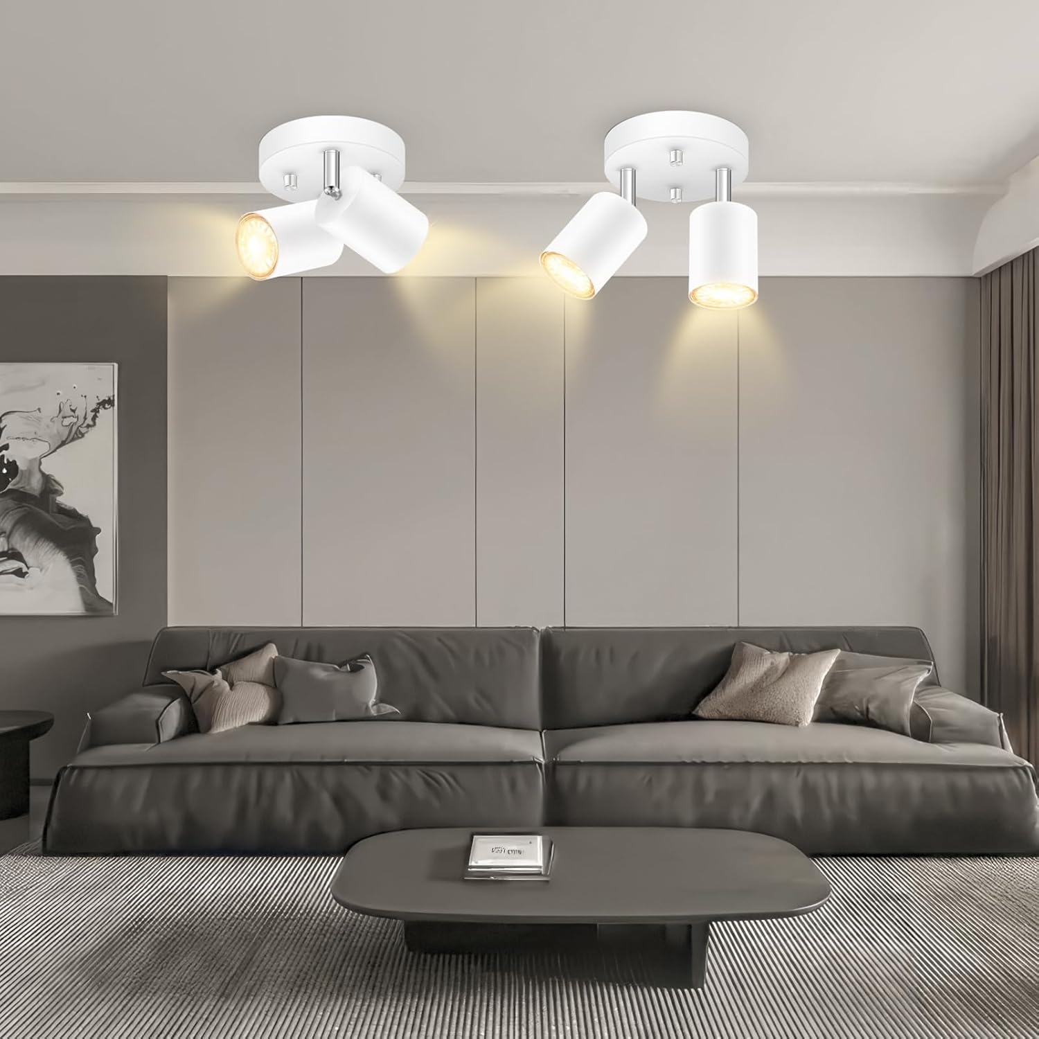 2 Light Track Lighting Fixtures Ceiling, Matte White Round Directional Ceiling Spotlight, GU10 Flush Mount Track Fixture, Flexibly Rotatable Light Head for Kitchen/Living Room, Bulb Not Included