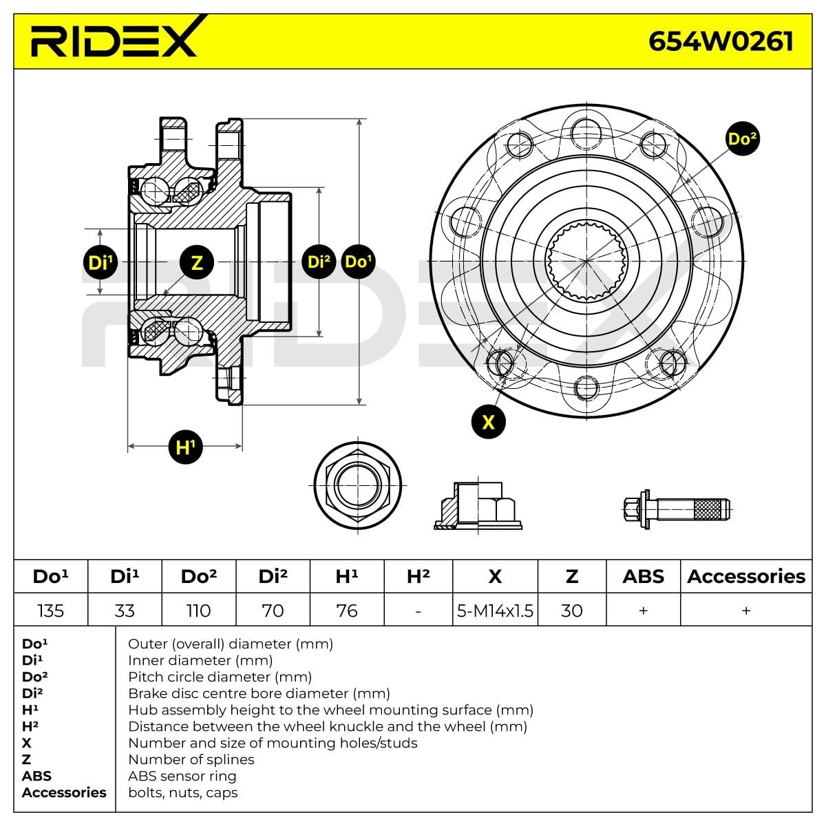 RIDEX 654W0261 Kit cuscinetto ruota Anteriore bilaterale con sensore ABS integrato con bulloni/viti