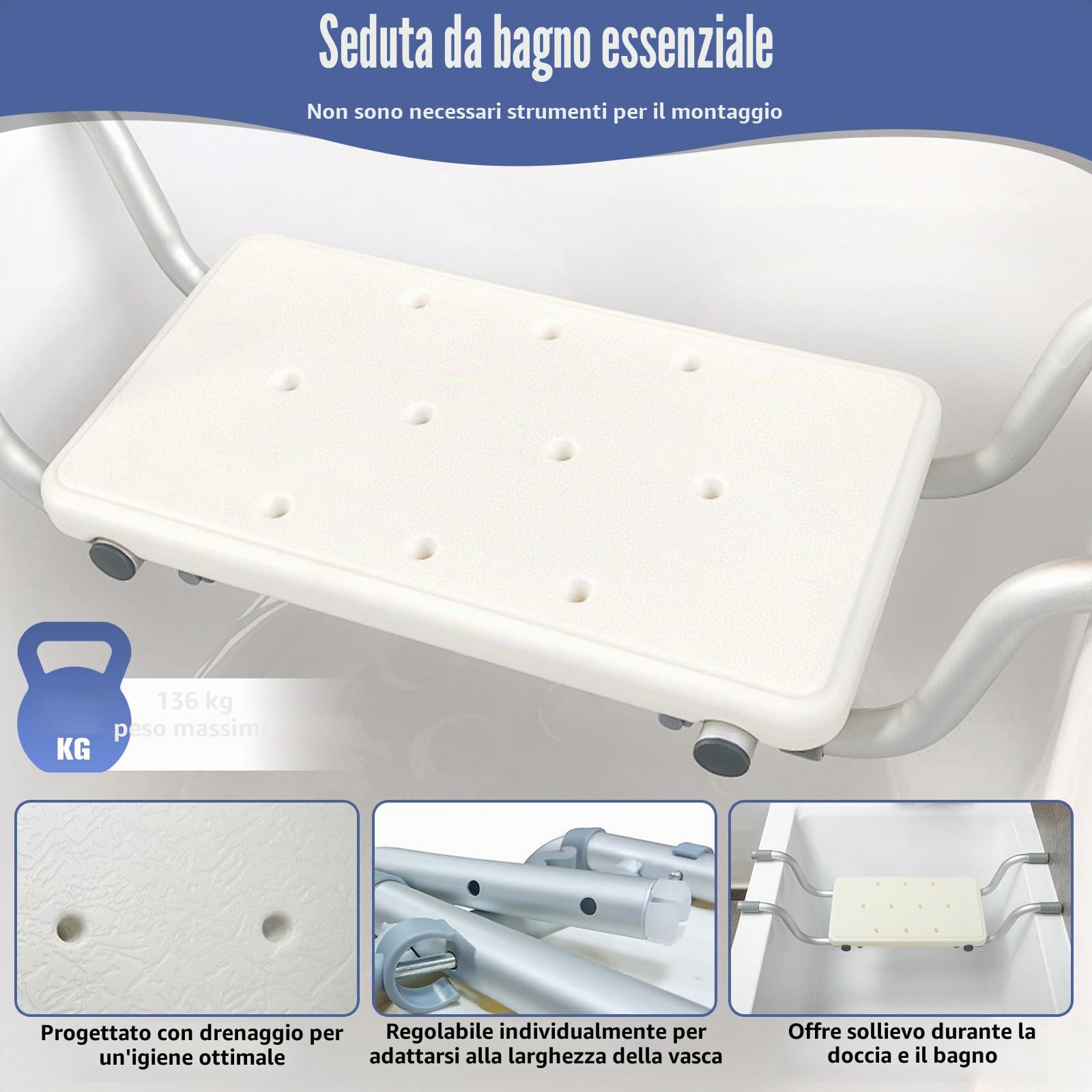 Sedile Per Vasca Da Bagno Regolabile Per Anziani Antiscivolo Con Larghezze Regolabili Per Donne Incinte Bambini Materiale Alluminio Colore Bianco Modello HGAA067-A0E1