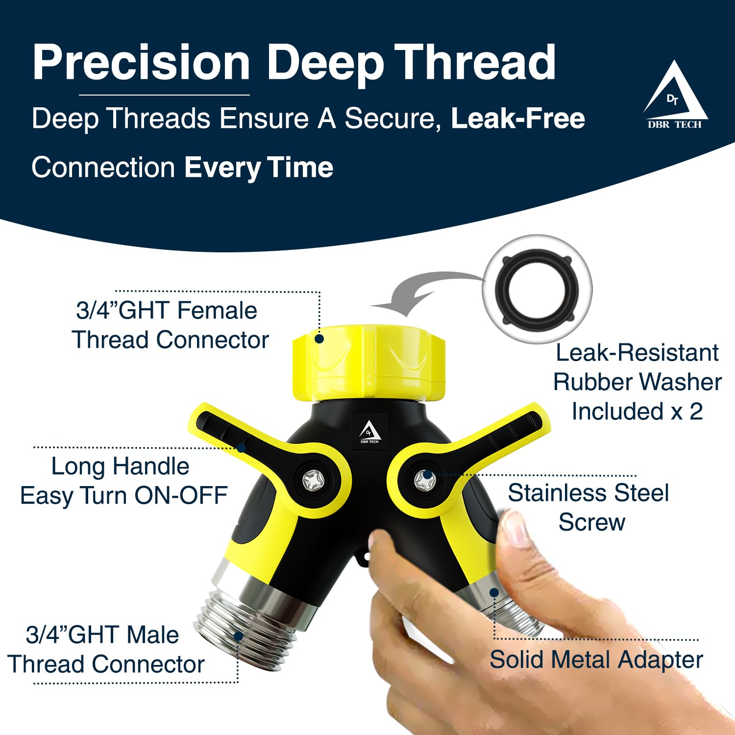 DBR Tech® Hose Splitter 2 Way, Heavy Duty Metal Connector, Two Way Garden Hose Splitter, High Flow Spigot Faucet Bib Adapter, Solid Double Y Shut Off Valve for Outdoor Gardening Hoses, Yellow