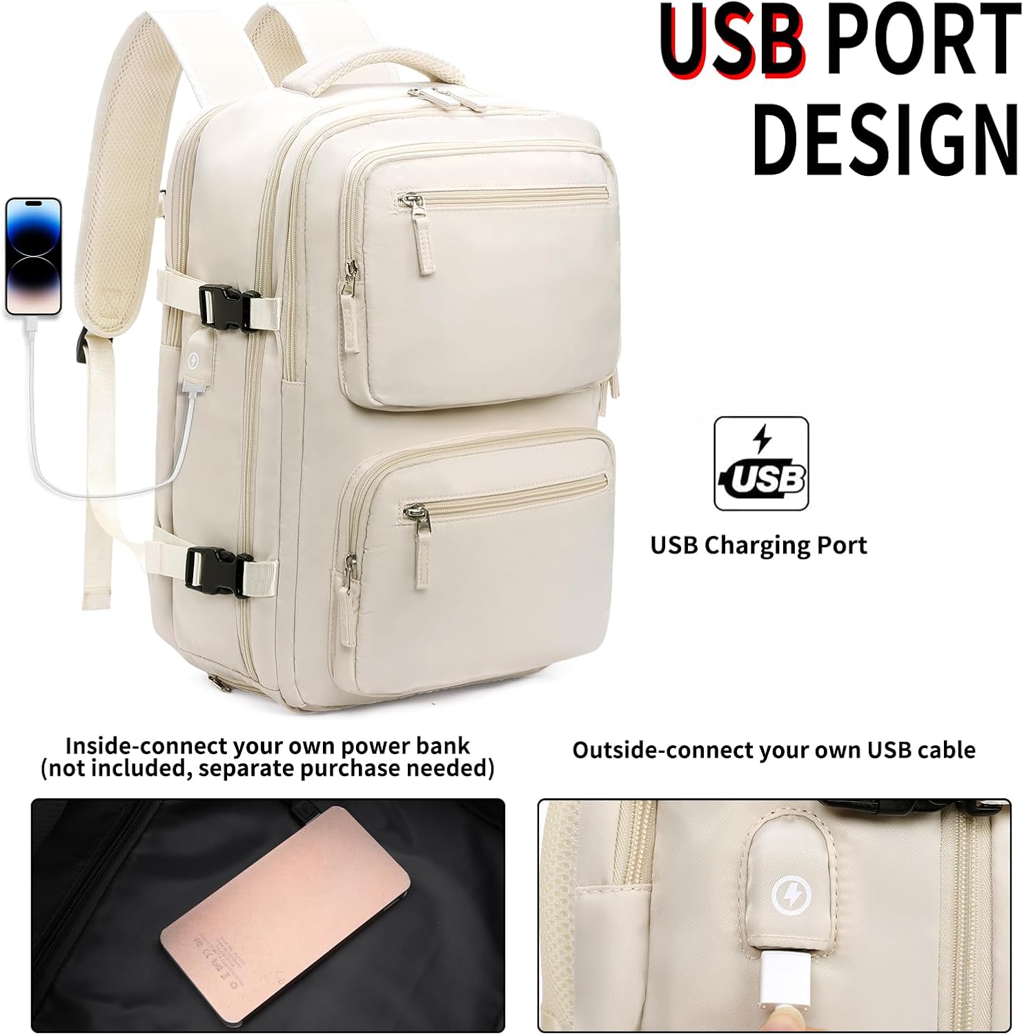 GAEKEAO Travel Backpack For Women Men Airline Approved Carry On Laptop Backpack with USB Port Casual Daypack for Hiking Weekender Business Sports Beige