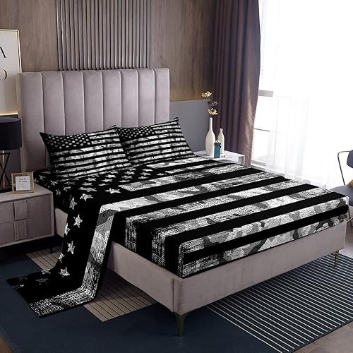 Juego de sábanas de camuflaje con bandera estadounidense, tamaño Queen, sábanas de camuflaje militar gris y negro vintage para niños y adolescentes,