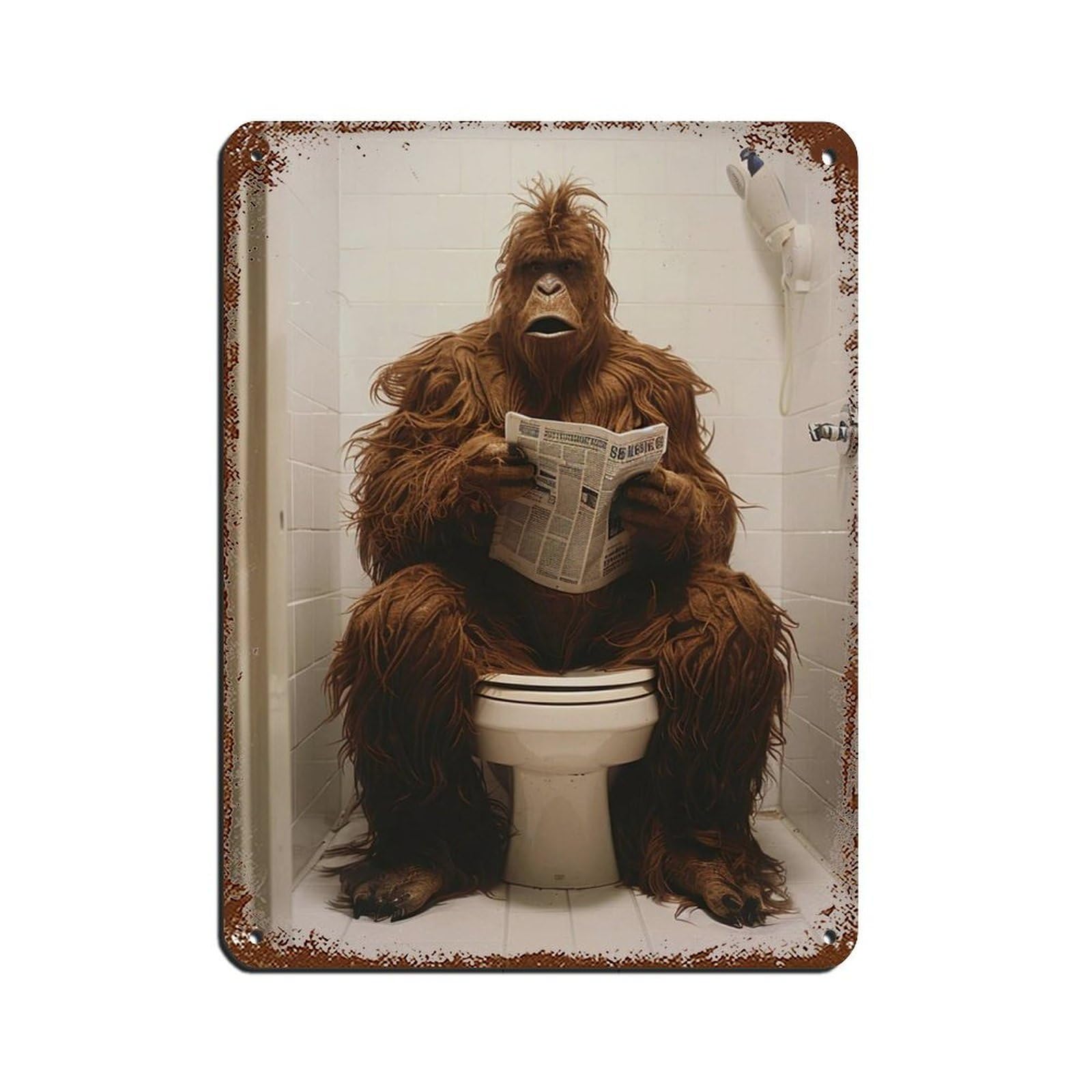 Sasquatch Sitting on The Toilet Reading A Newspaper (8) Tin Sign Vintage Metal Pub Club Cafe Bar Home Wall Art Decoration Poster Retro 12x16inch(30x40cm)