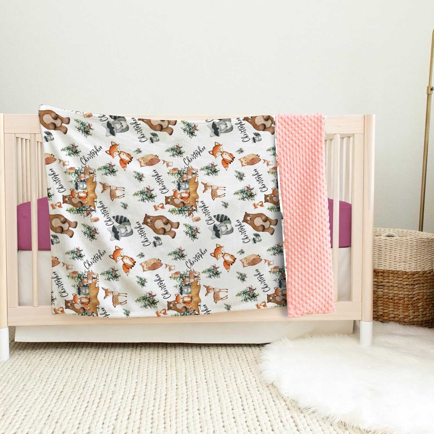 Custom Baby Blanket - Personalized Name with Woodland Animals Design - Soft Plush Blanket with Double Layer Dotted Backing for Boys Girls Gift Color19