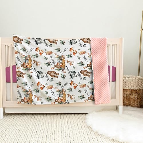 Miniatura 5 de Duckbe Manta de bebé personalizada, nombre personalizado con diseño de animales del bosque, manta de felpa suave con respaldo punteado de doble capa