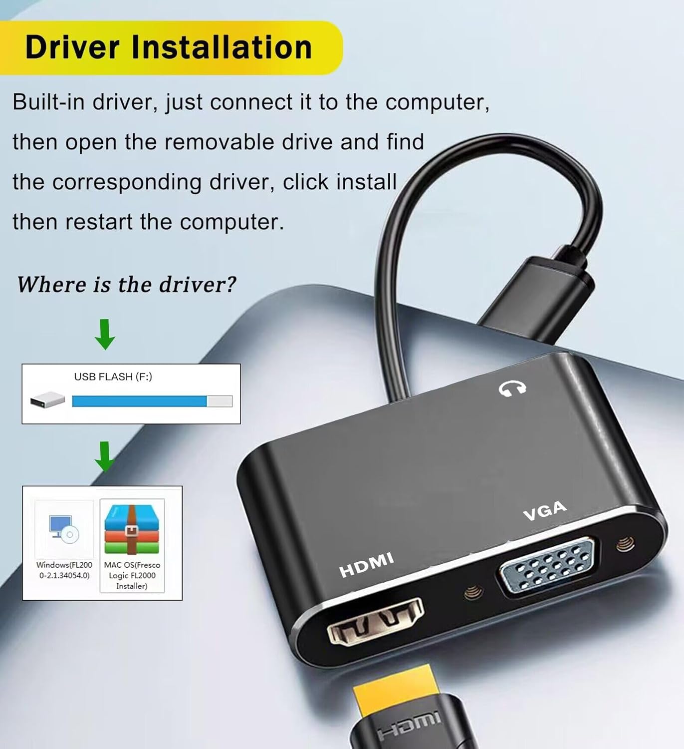 USB 3.0 to HDMI VGA Adapter, USB to VGA HDMI Adapter for 2 Monitors, 1920 * 1080P@60HZ Full HD Display Video Converter Comaptible with Windows 7/8/8.1/10 and Mac OS Systems