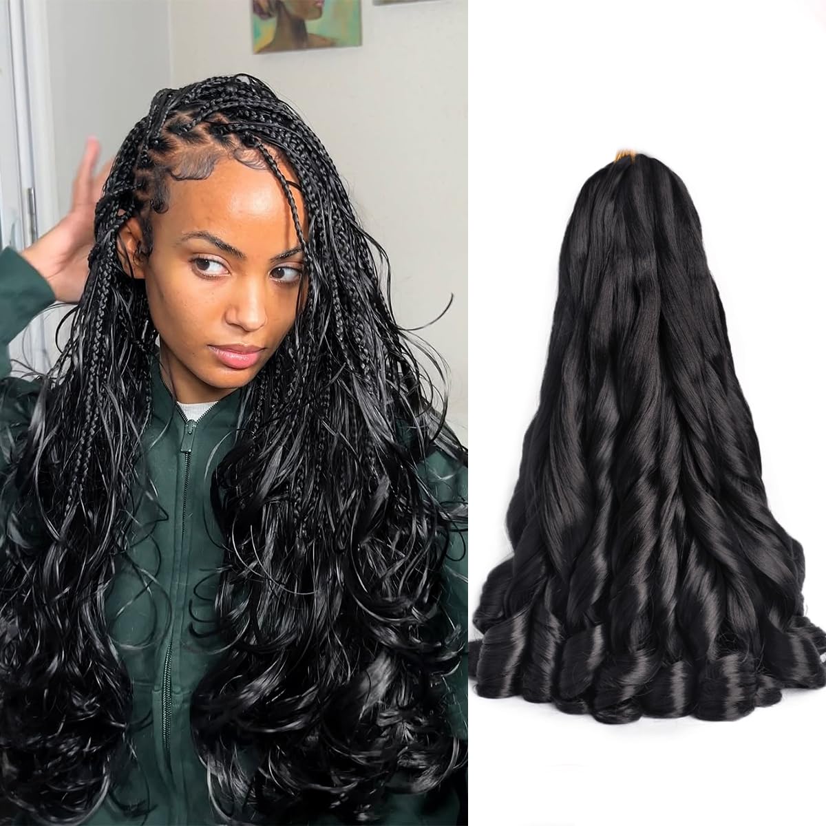 18 Inch French Curly Braiding Hair 8 Packs Natural Black Synthetic French Curl Crochet Hair for Black women(1B#, 18Inch (Pack of 8))