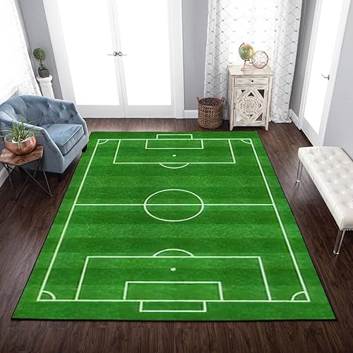 Miniatura 3 de Alfombra de área para campo de fútbol, estadio de fútbol con línea pintada de césped verde, para juego deportivo, antideslizante, suave, alfombra de