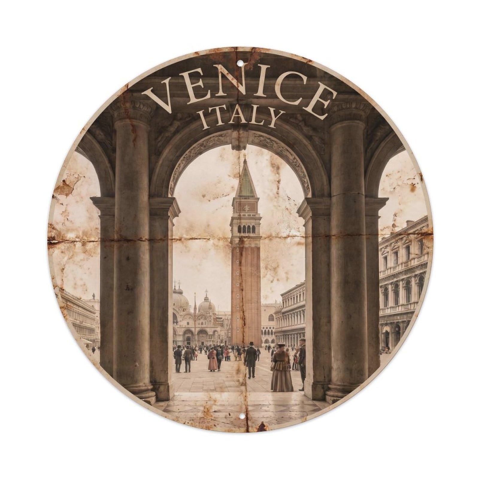 Italian Venice Archway Piazza Classic Architecture Heritage Metal Tin Sign Plaque Wall Decor for Cafe, Man Cave, Club Bar, Office, Home Garden Round Metal Poster 8x8Inch