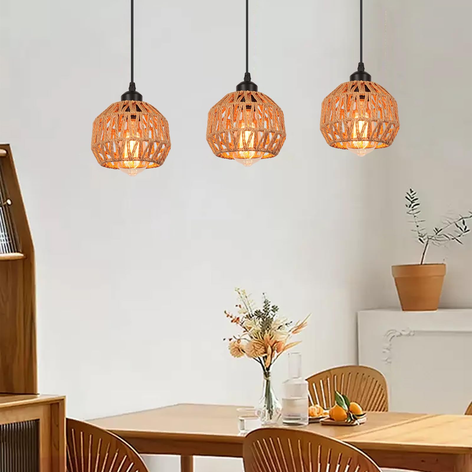 3 Lumières Suspension Industriel Lustre Vintage Abat-jour en Métal et Rotin Luminaire Plafonnier Rétro E27 Lampe Suspendue avec une Barre pour Restaurant Salon Chambre