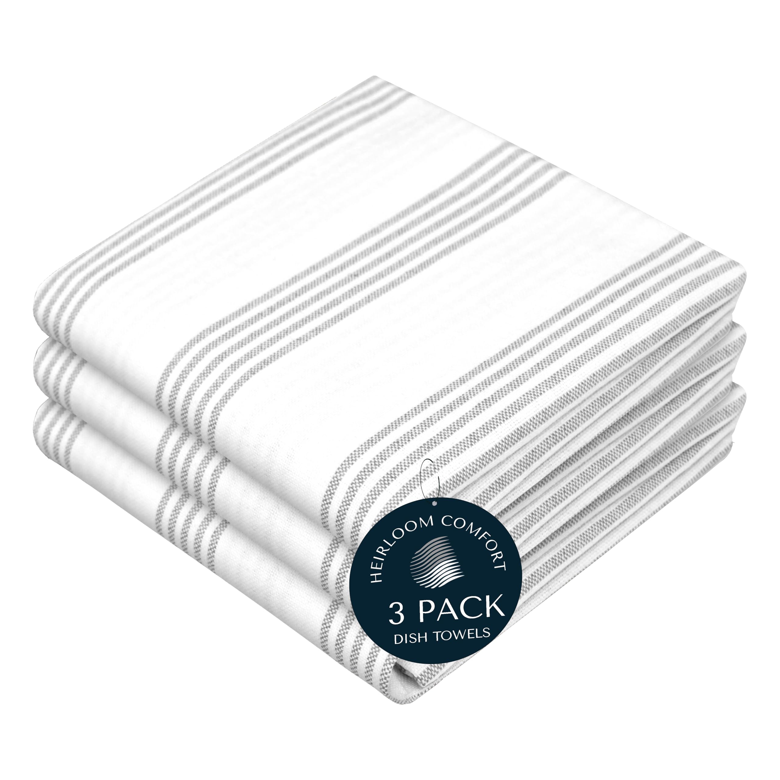 HEIRLOOM COMFORT Ash Gray Striped Dish Towels 3 Pack, Ultra Absorbent, Multi Pin Stripe Towel Set