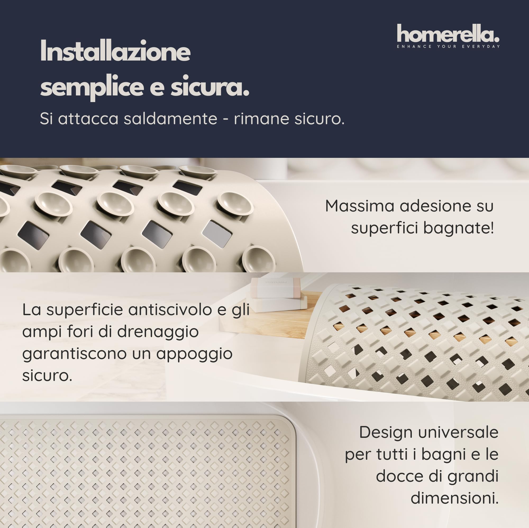 homerella® Tappetino vasca antiscivolo 88x39cm INCL. GANCI - Tappetino doccia antiscivolo senza BPA - Tappeto doccia antiscivolo vasca da bagno resistente alla muffa e lavabile in lavatrice