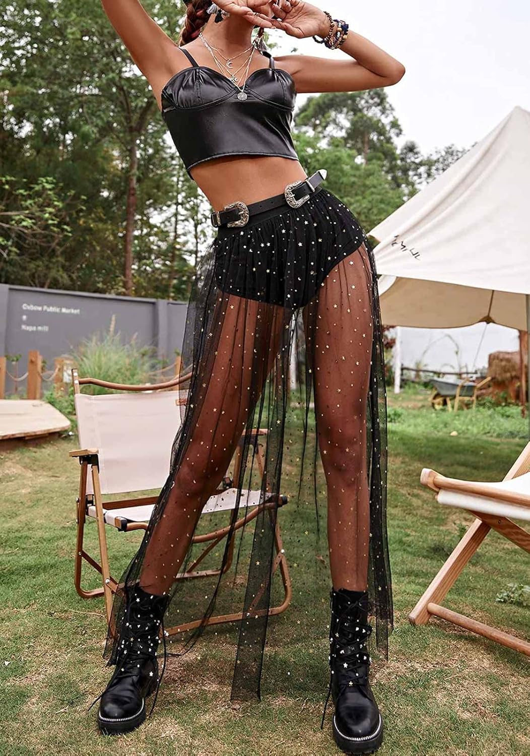 Rave Outfits for Women 2 in 1 Sheer Skirt Festival Clubwear Mesh High Waist Print A Line Maxi Skirt - Image 3