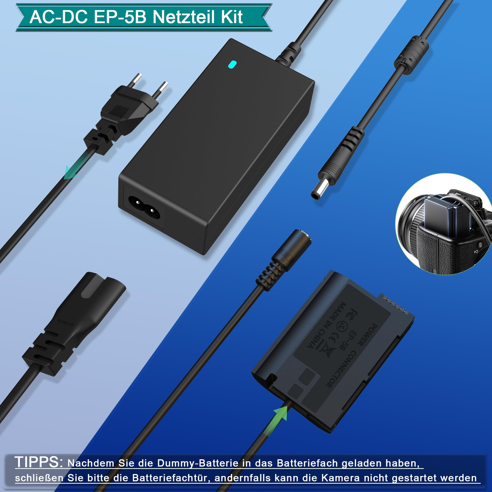 Set di alimentatori EP-5B EH-5 Plus (ricambio per caricabatterie Nikon EN-EL15) per Nikon D500, D600, D610, D750, D7000, D7100, D7200, D7500, D800, D800E, D810, D800A