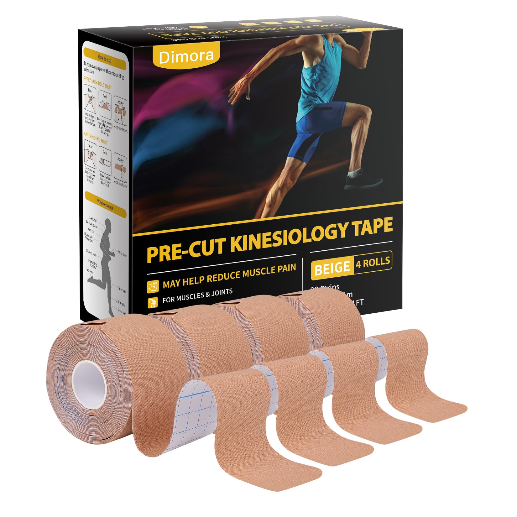 Dimora Kinesiology Tape, 80 Count Precut Strips 4 Rolls, Original Cotton, 10” Elastic Athletic Tape for Muscle Pain Relief and Joint Support, Beige