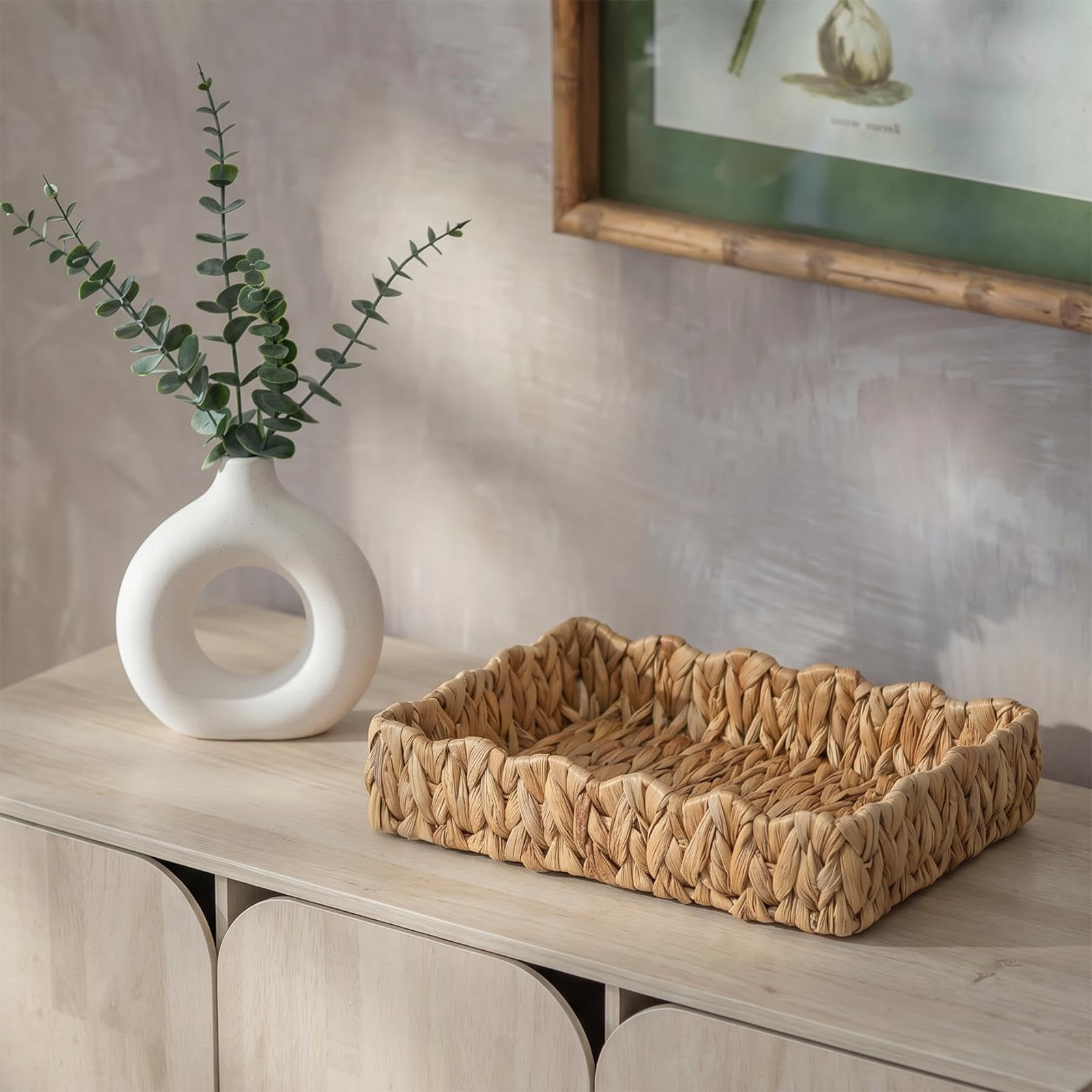 OHS Natural Handwoven Seagrass Decorative Tray Rectangle Scallop Edges