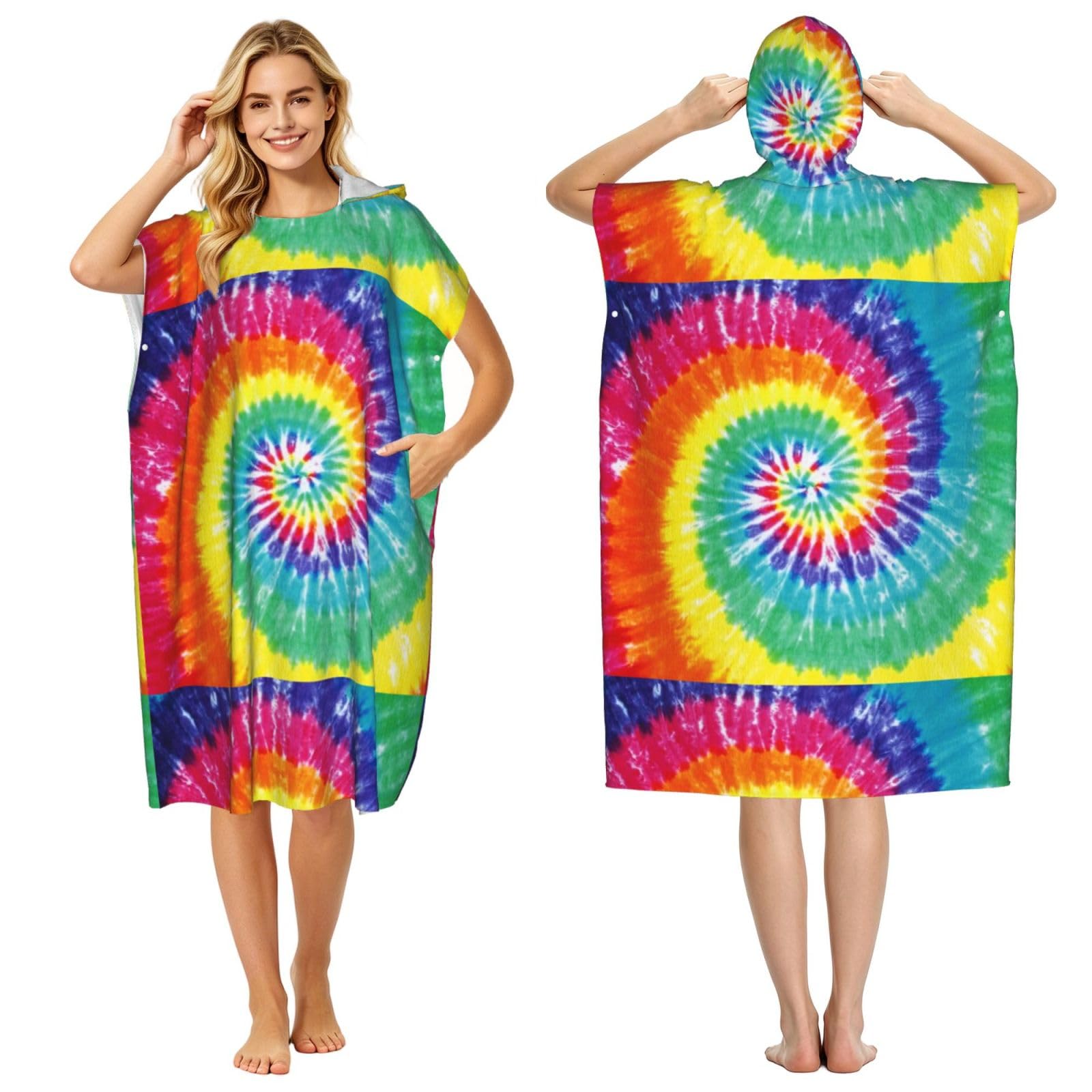 Poadnly Rainbow Tie Dye Print, Adult Hooded Beach Towel 90 x 110 cm,Changing Bath Robe, Surf Poncho Towel For Women Men