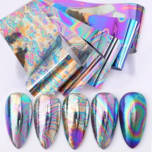 10Pcs Chameleon Nail Polish Stickers Set Marble Transfer Foil Iridescent Sliders Wraps Adhesive Decals Nail Art Decorations #TOP13