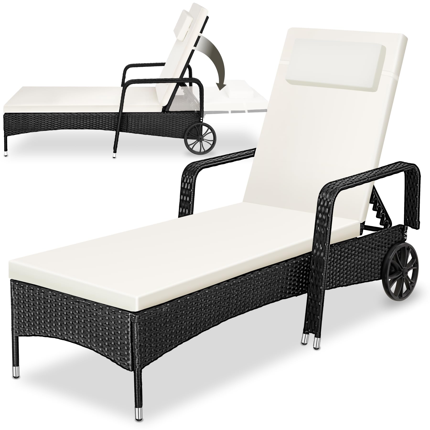 tectake®, Tumbona Chaise Longue, Ajustable de Poliratán con Ruedas, Mueble Exterior Sofa Acolchado para Jardín y Terraza, 6 Posiciones, Fácil de Limpiar, Moderno, Hamaca de Jardín - Negro/Beige