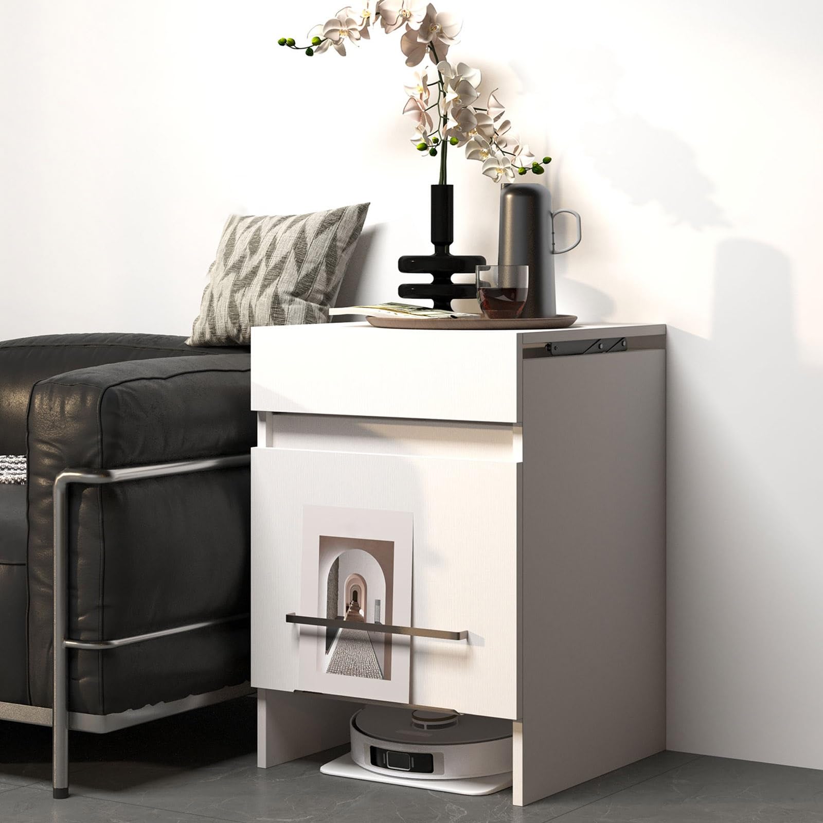 Aspiradora oculta de 71,5 cm, con puertas y puertas, diseño seguro para niños, para aspiradora robótica, fácil de agua, pestaña lateral para sala de estar, cocina, dormitorio (blanco)