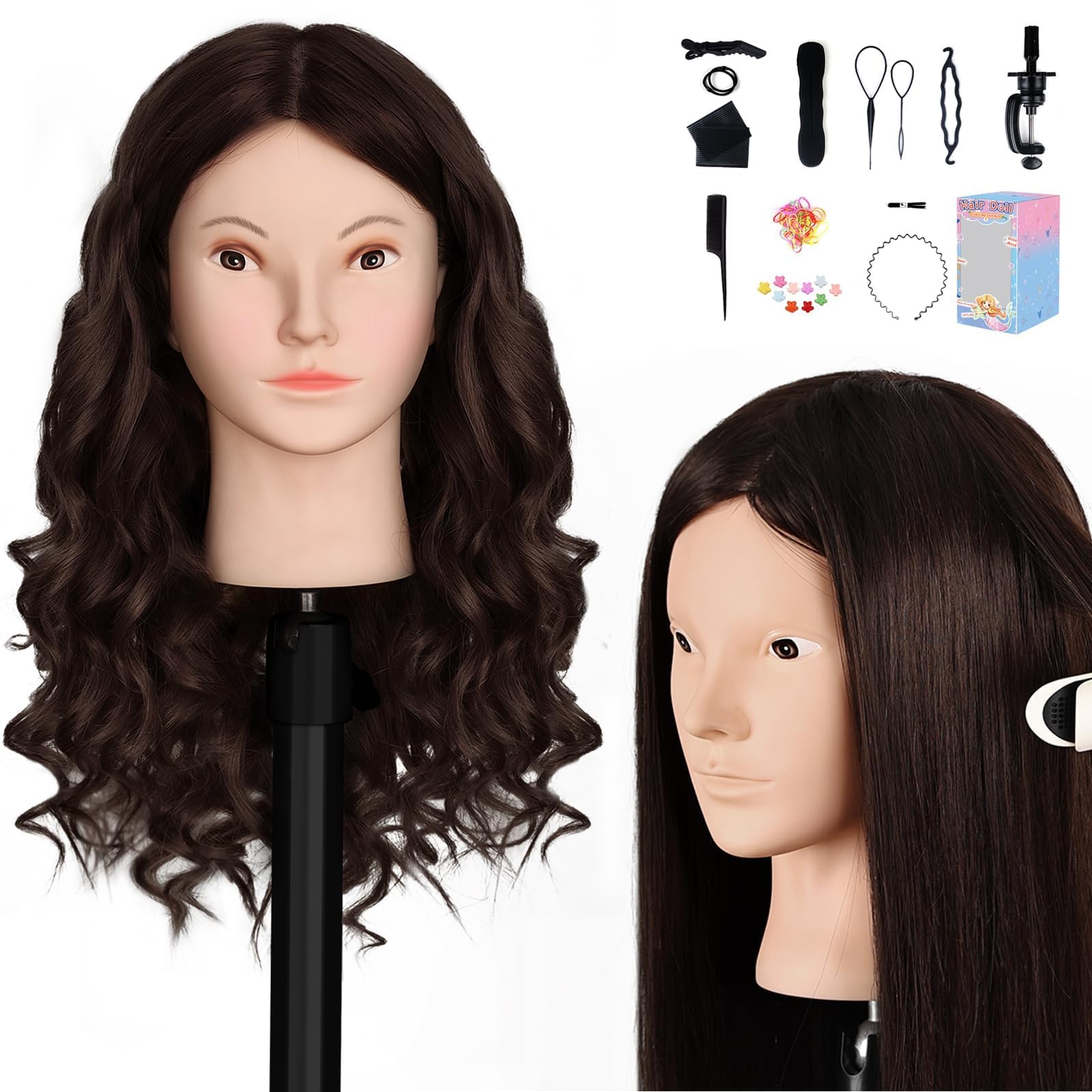 Yekavo Mannequin Head with 80% Human Hair, 26" Straight Hair Manikin Head, Training Doll Head for Cosmetology & Makeup Practice Real Hair with Clamp