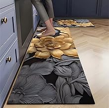Set of 2 Non-Slip Rubber Kitchen Floor Mats – Soft, Washable, Absorbent Rugs for Kitchen, Hallway, Laundry Room | 120×40 cm + 60×40 cm | Anti-Skid Water Absorb Mat (Black Flower)