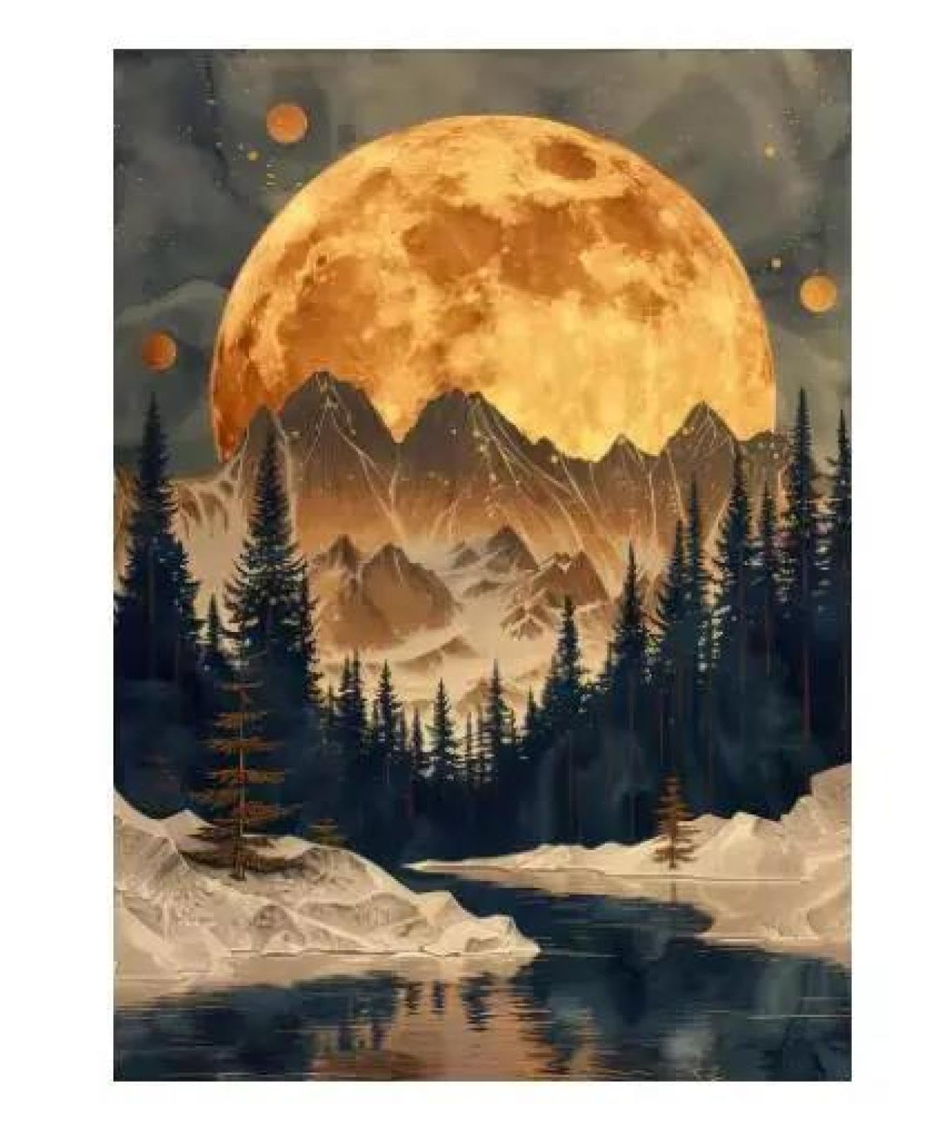 Baibexing Golden Moon Pine Tree Waterfall Nature Mountain Forest Poster Print Canvas Painting Wall Art Picture Living Room Home Decor A7 21X30Cm Unframed