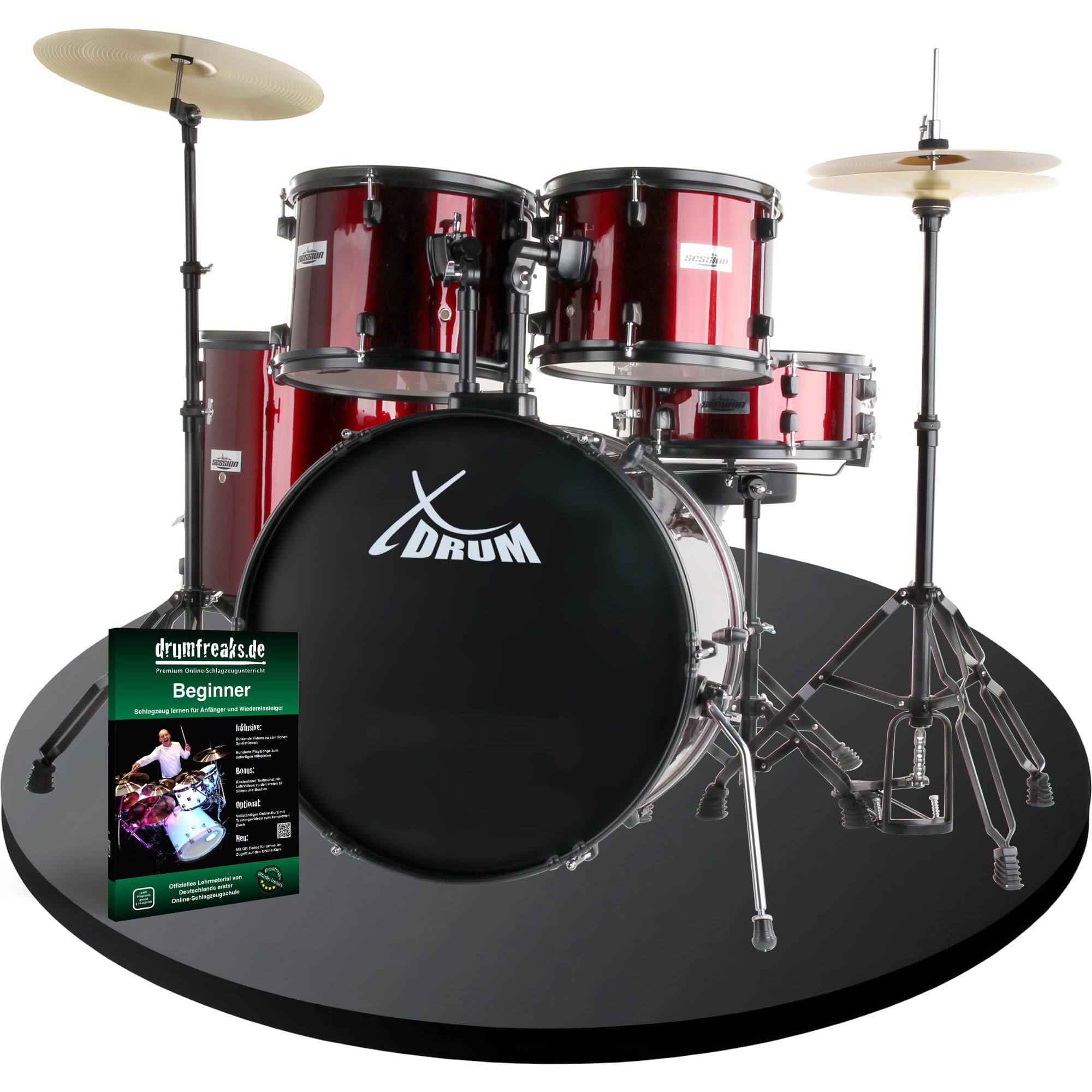 XDrum Rookie 22" Standard Schlagzeug Komplettset Ruby Red - Ideal für Einsteiger - Stylische Hardware in schwarz - Inkl. Drumsticks 5B, Aufbauanleitung und Schlagzeugschule - Rot
