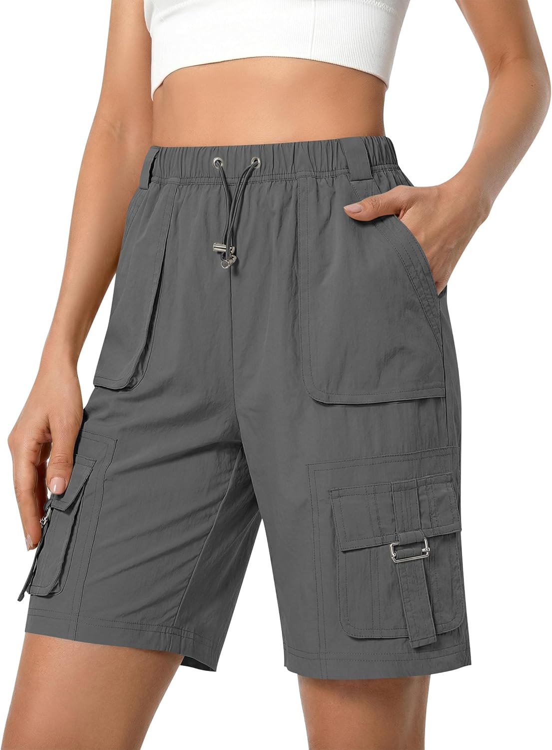 luvamia Hiking Shorts for Women Bermuda Knee Length Cargo Pull On Quick Dry Elastic Waist Sport 9'' Inseam Long Shorts