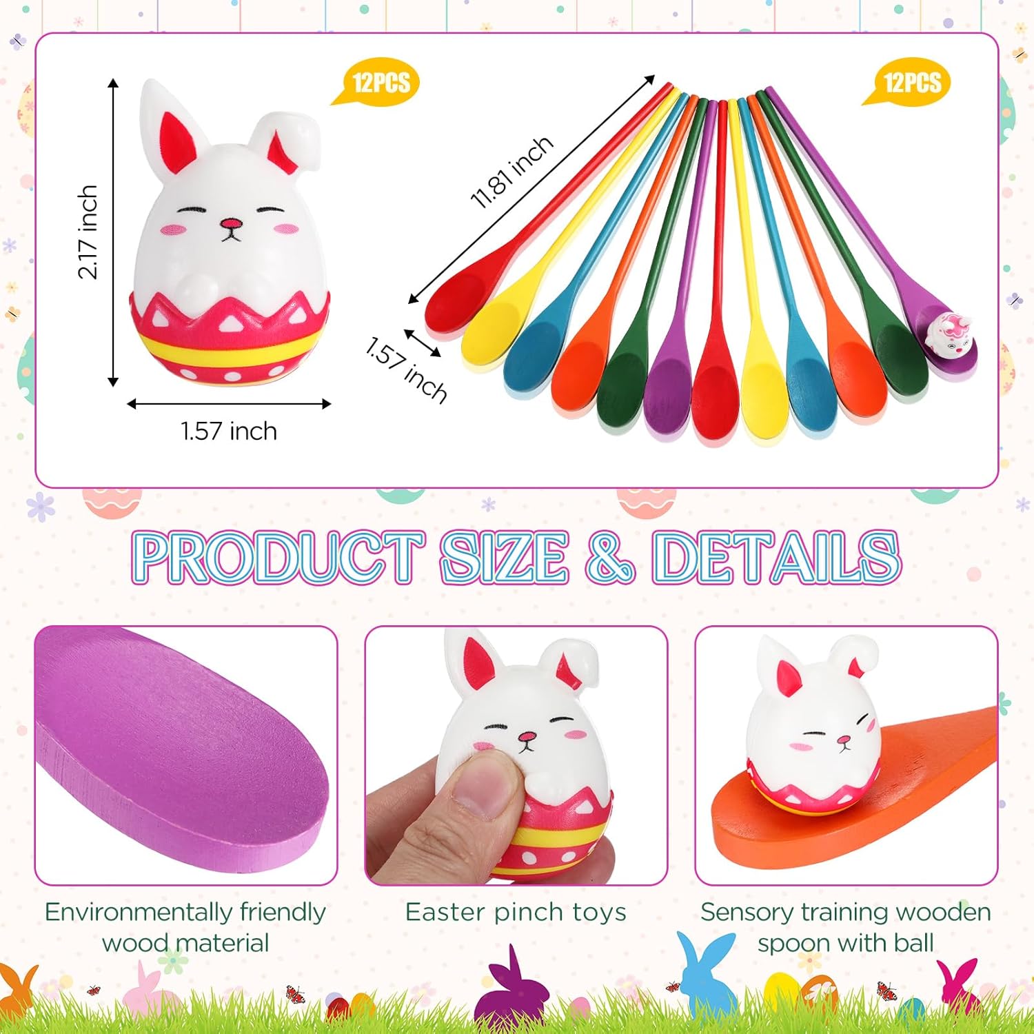 Toulite 24 Pcs Egg Spoon Race Includes 12 Wood Spoons 12 Easter Relay Race Egg Foam Stress Ball Balance Relay Hunt for Indoor Outdoor Easter Party Supply