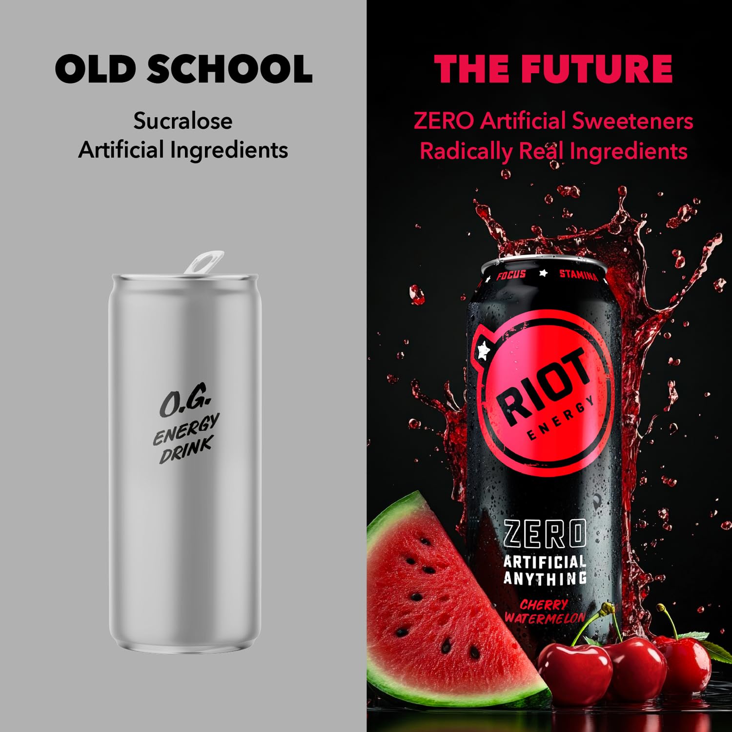 RIOT Clean Energy Drink – Cherry Watermelon | No Sucralose, No Sugar Added, No Artificial Flavors | 160mg Natural Caffeine + 100mg L-Theanine | Clean Focus & Smooth Energy | 16 Fl Oz (Pack of 12)
