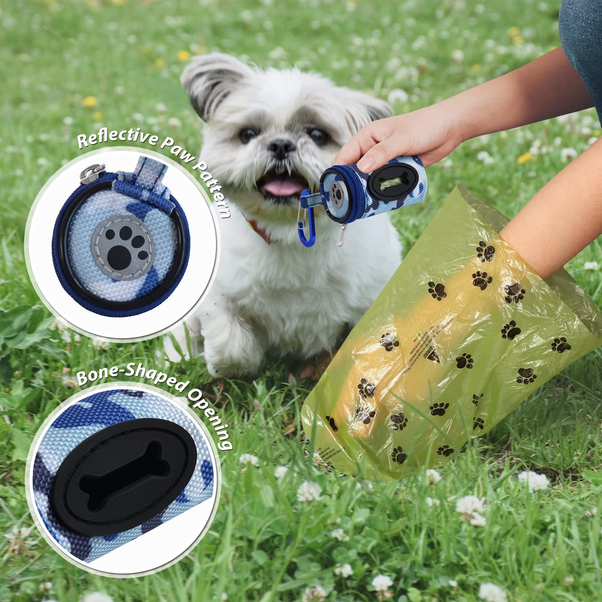 FURHAB Soporte para bolsa de excrementos de perro para correa, dispensador de bolsas de basura para cachorros, bolsa pequeña con cremallera para perros con clip de mosquetón, nailon Oxford 1680D con 1