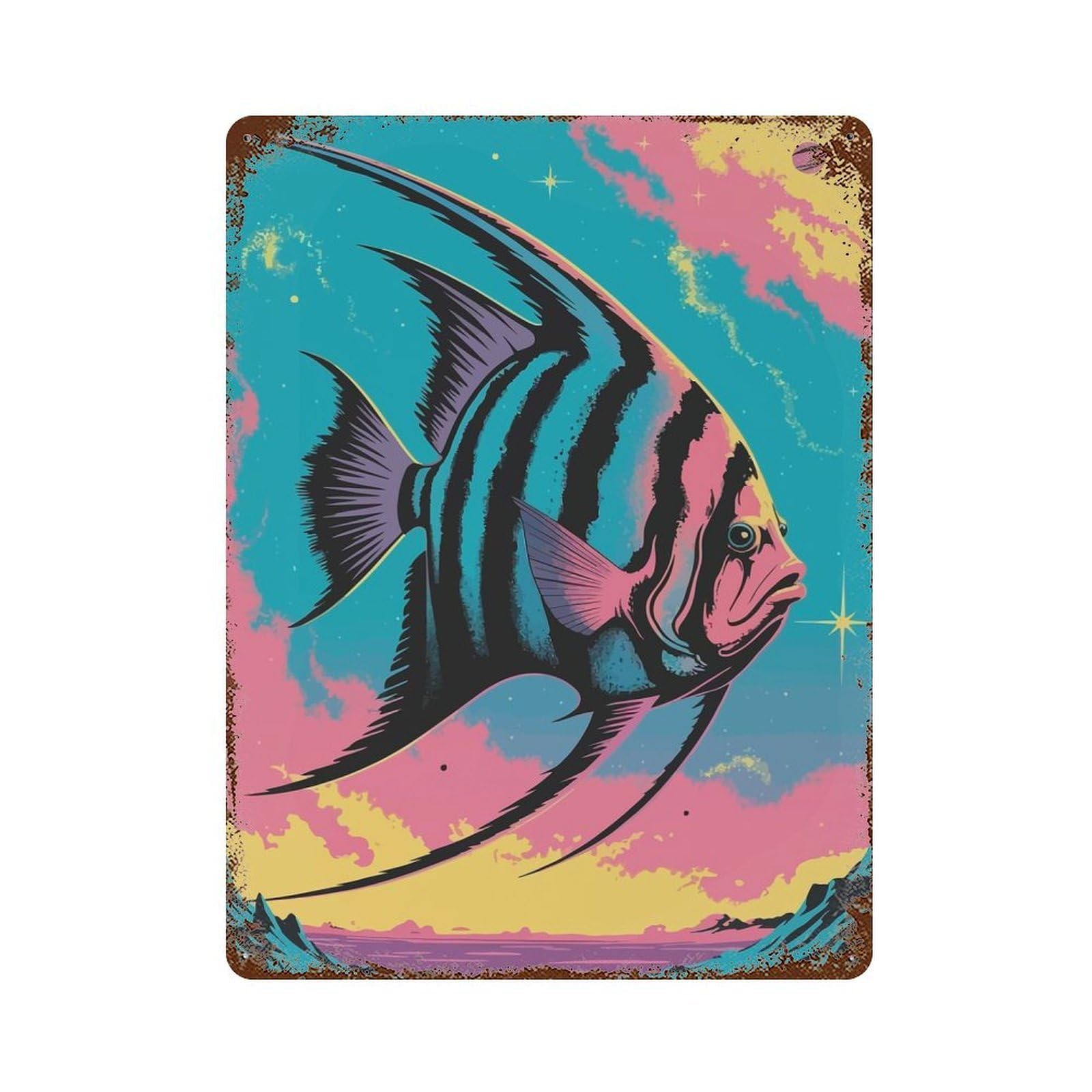 Distressed Metal Wall Sign Psychedelic Angelfish in Space 15.7"x11.8", Retro Wall Decor for Basement, Hobby Room And Garage Decor