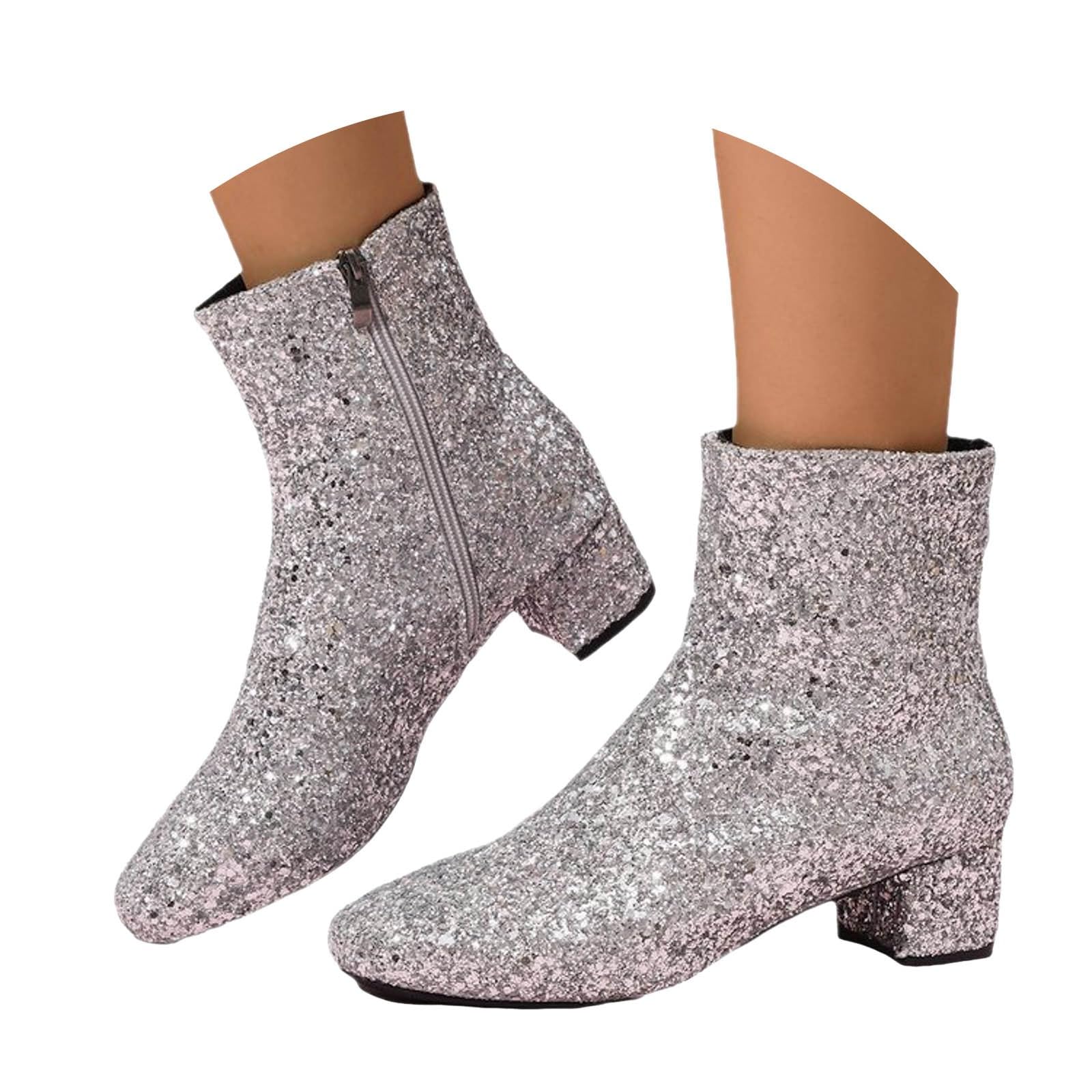 Sparkly Ankle Boots for Women Womens Chunky Heel Cowboy Boots Rhinestone Sequin Short Booties Wide Calf Western Booties