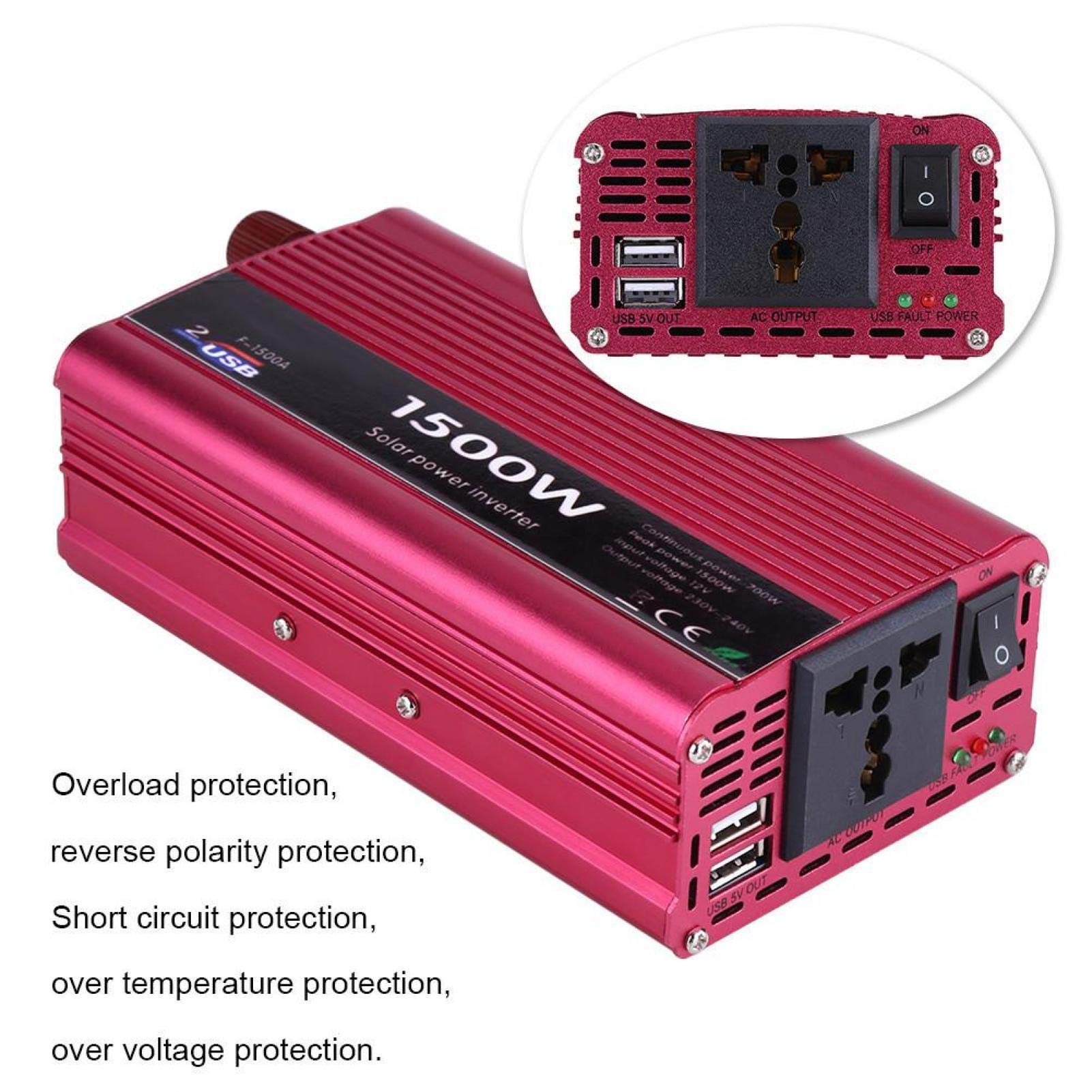 Zasilacz Samochodowy z Falownikiem, 1500W DC 12V na AC 230V Konwerter Samochodowy z Falownikiem Podwójny Adapter ładowarki USB Zapalniczka Samochodowa Zasilacz Samochodowy