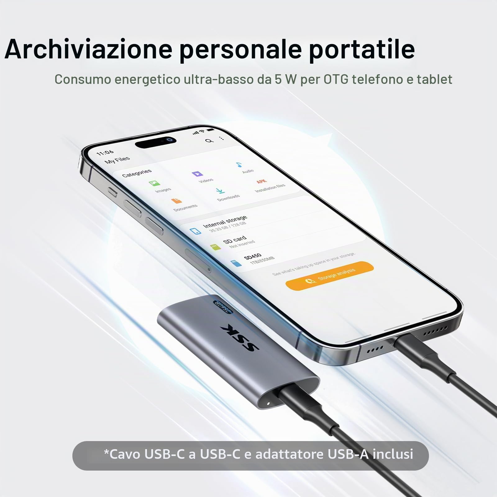SSK 256GB External SSD Portatile, Disco Esterno SSD fino a 550MB/s, USB 3.2 Gen2 unità a Stato Solido Esterne per iPhone 15/16/Pro, Windows, Mac, Android con luce LED, TRIM, SMART supportato