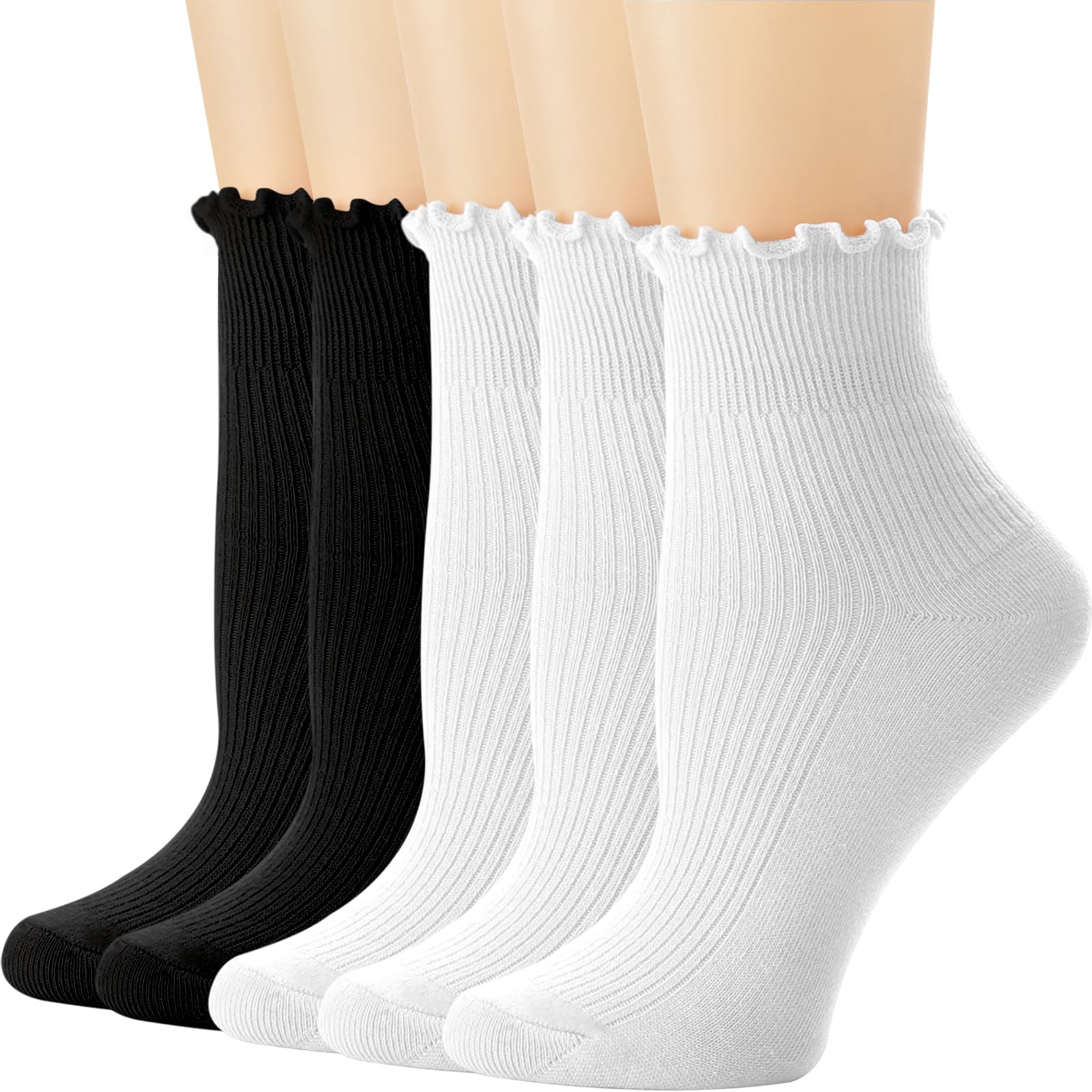 Dreshow Women's 5 Pairs Ankle Socks Set51-04 Ruffle Frilly Socks Casual Ankle Socks Breathable Cotton Crew Knit Socks For