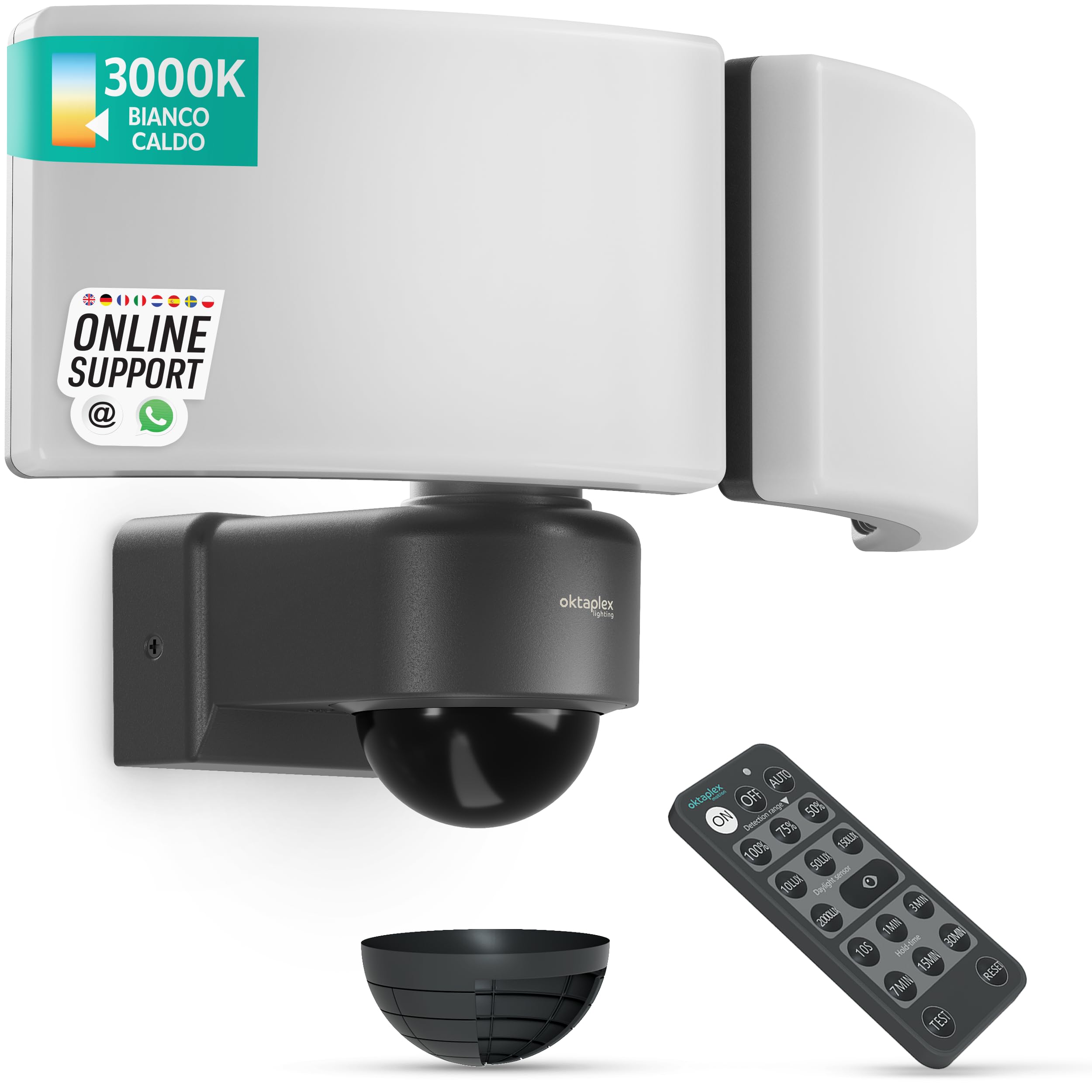 Oktaplex lighting Okatplex faretto LED per esterni 40W con sensore di movimento IP65 4450lm telecomando incluso Proiettore LED Cali bianco caldo 3000K antracite