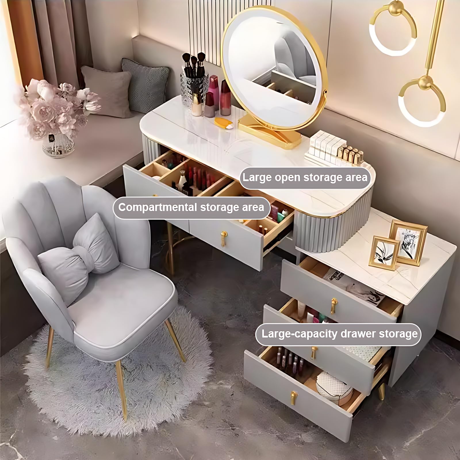 Nowoczesny zestaw kosmetyczny z lustrem i szufladami - stół do makijażu z litego drewna i taboret nie wymaga instalacji Stylowy czarno-biały design 90 cali do domu i sypialni