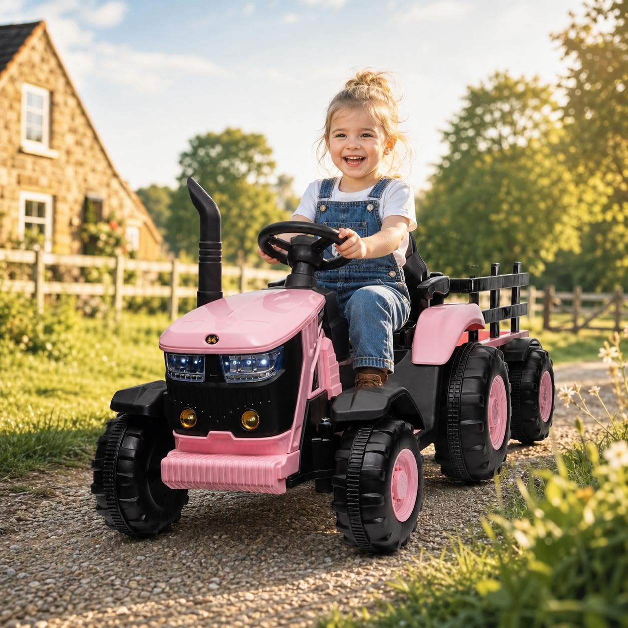 Ride on Tractor with Detachable Trailer, 12v Kid‘s Electric Vehicles with MP3 Function, 7-LED Headlight, Remote Control, Ride on Car Gifts with EVA Tires, Horn, 2x35W Motors for Kids 3+, Pink