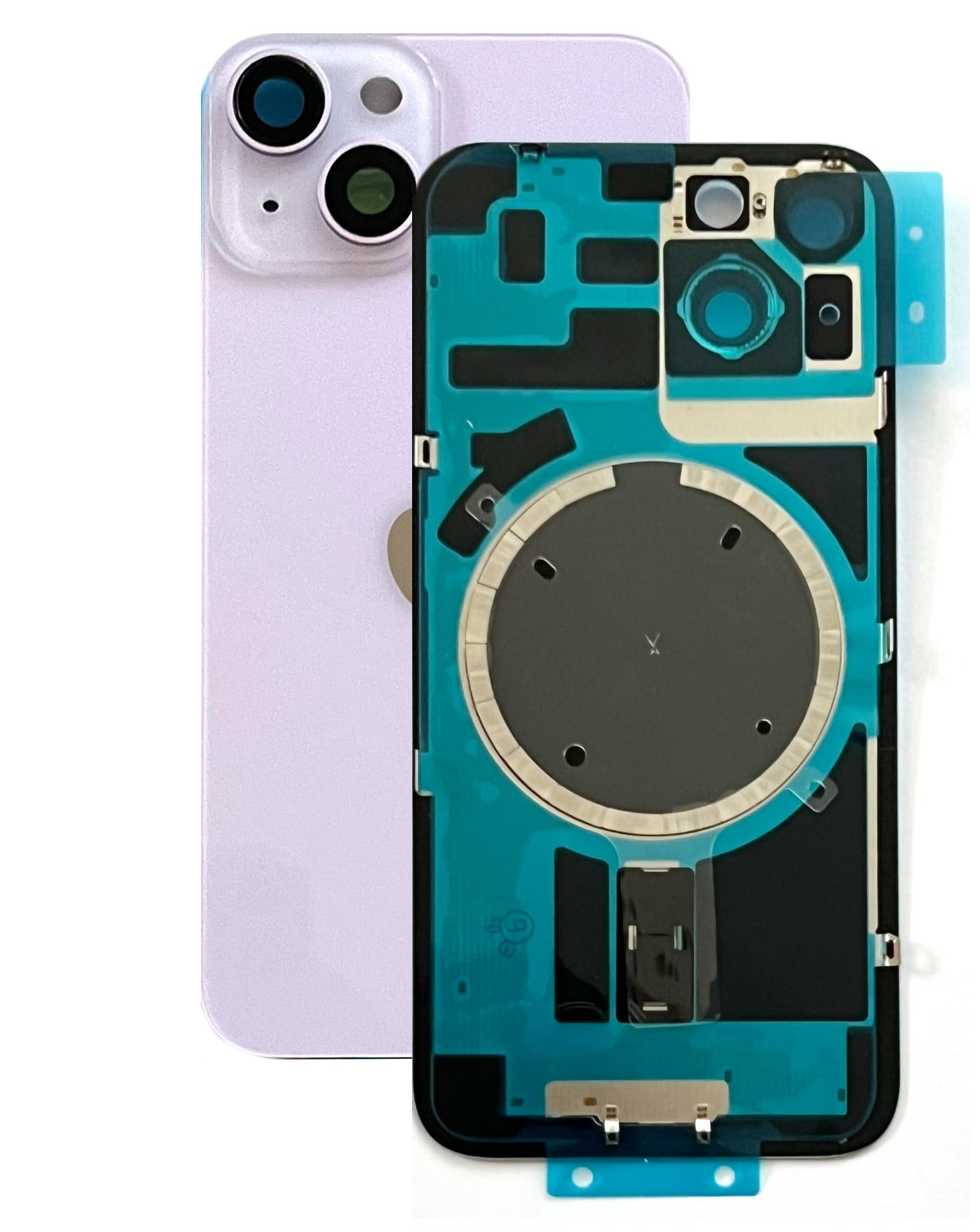 SVV Cover posteriore, protezione batteria compatibile con iPhone 14. Premontata: con magnete, supporto metallico, anelli per fotocamera, ecc. Vetro posteriore di ricambio. OEM (Lila)